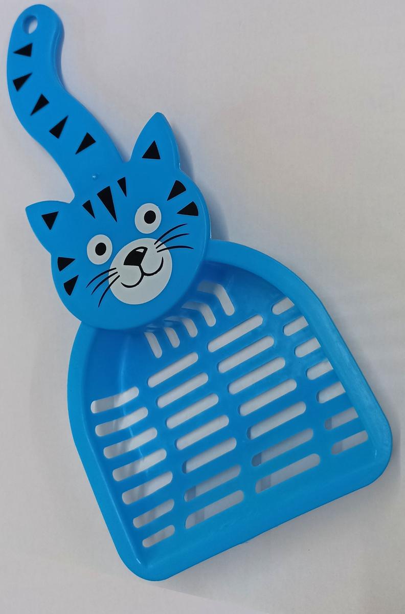 Reference photograph of a blue cat litter scoop